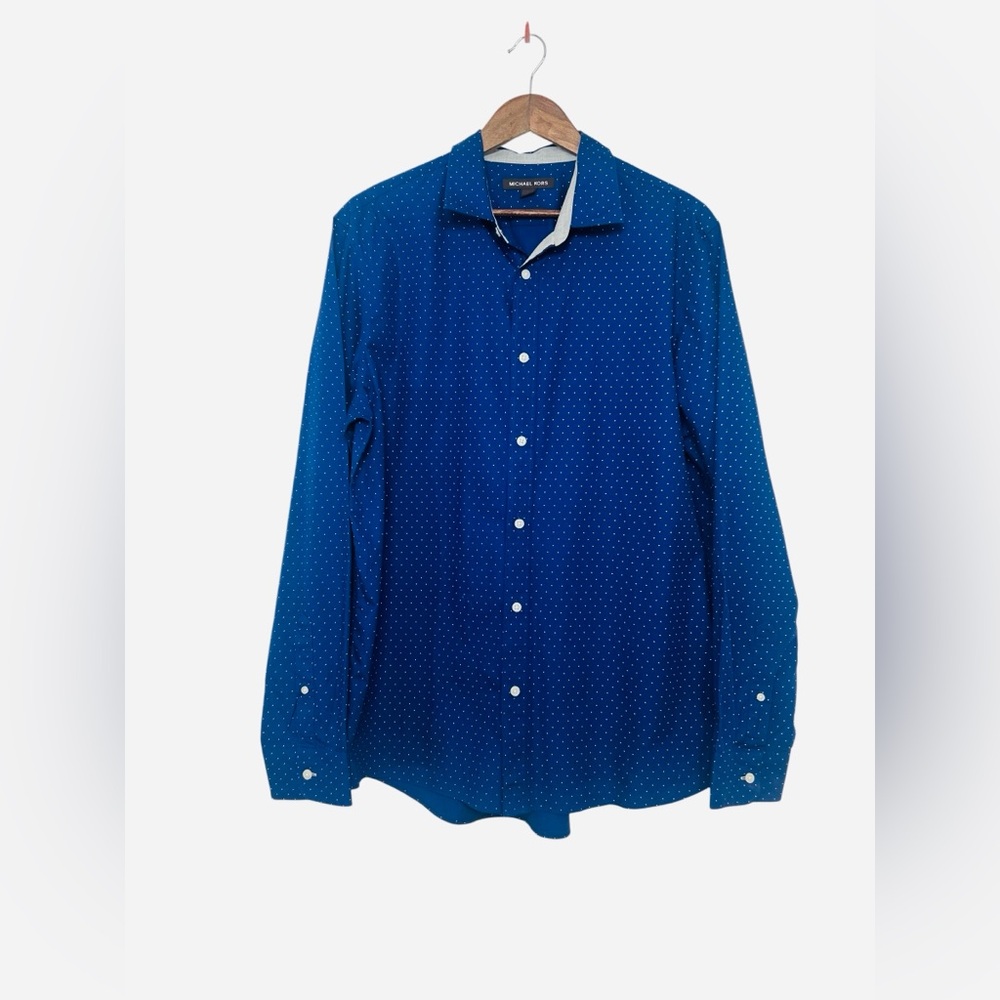 Michael Kors Classic Tailored Mens Blue Polka Dot Button Up Long Sleeve Shirt XL